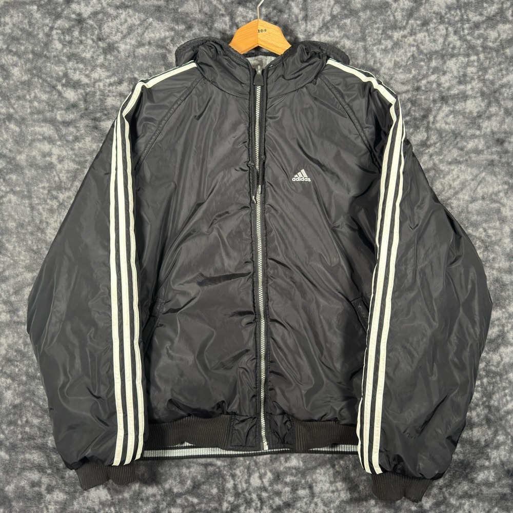 Vintage Adidas Reversible Puffer Jacket Mens XL Black Gray Full Zip Hoodie 90s